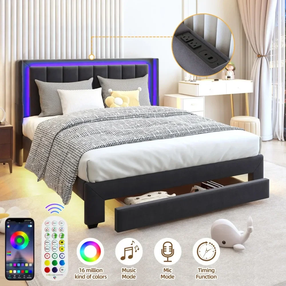 Full Bed Frame, Upholstered Platform BedFrame with LED Lights, Drawer, Charging Station, Fabric Platform Bed Frame for Bedroom
Full Bed Frame, Upholstered Platform BedFrame with LED Lights, Drawer, Charging Station, Fabric Platform Bed Frame for Bedroom