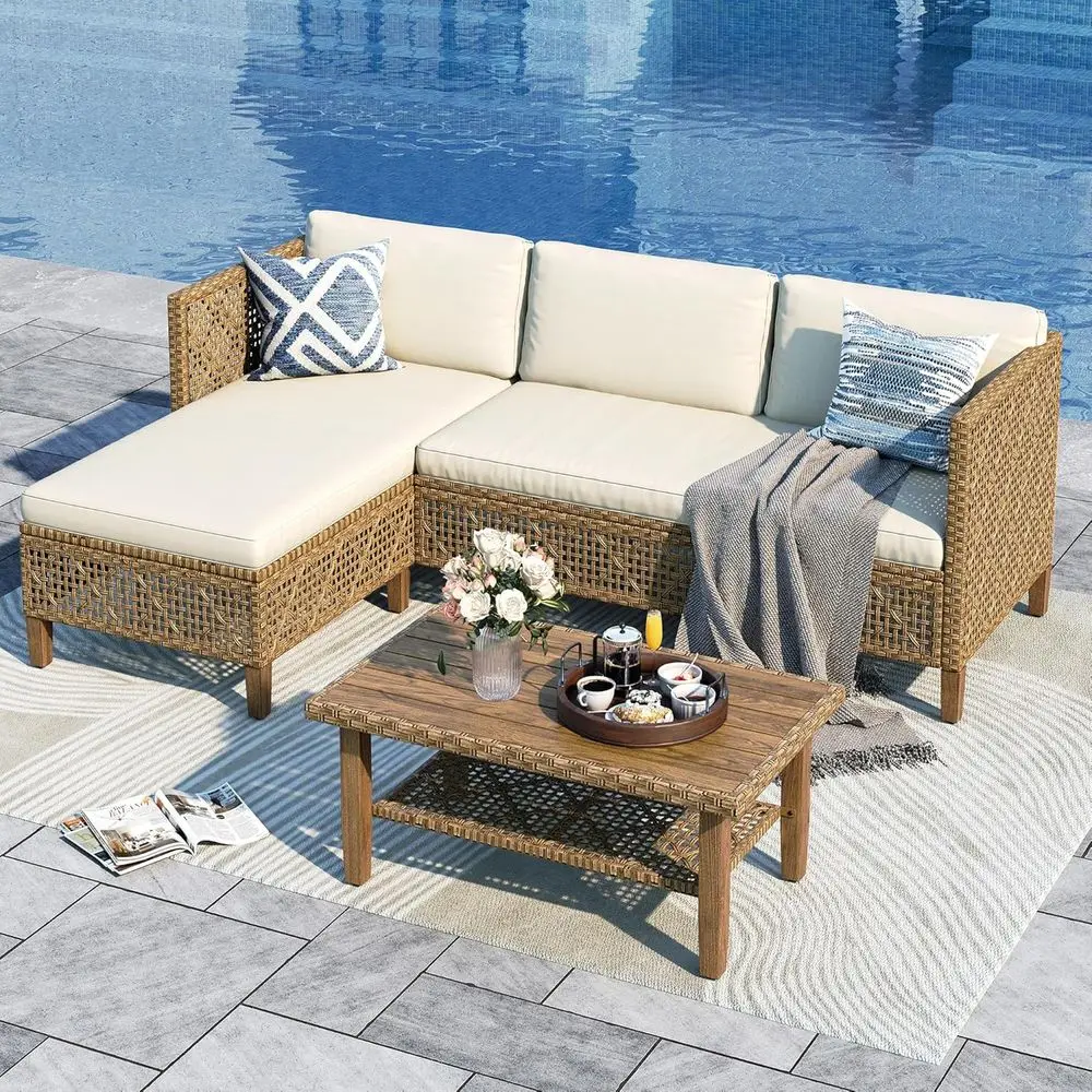 Weatherproof Beige Rattan Sofa Set with Plush Cushions and Coffee Table for Patio, Garden, and Deck
Weatherproof Beige Rattan Sofa Set with Plush Cushions and Coffee Table for Patio, Garden, and Deck