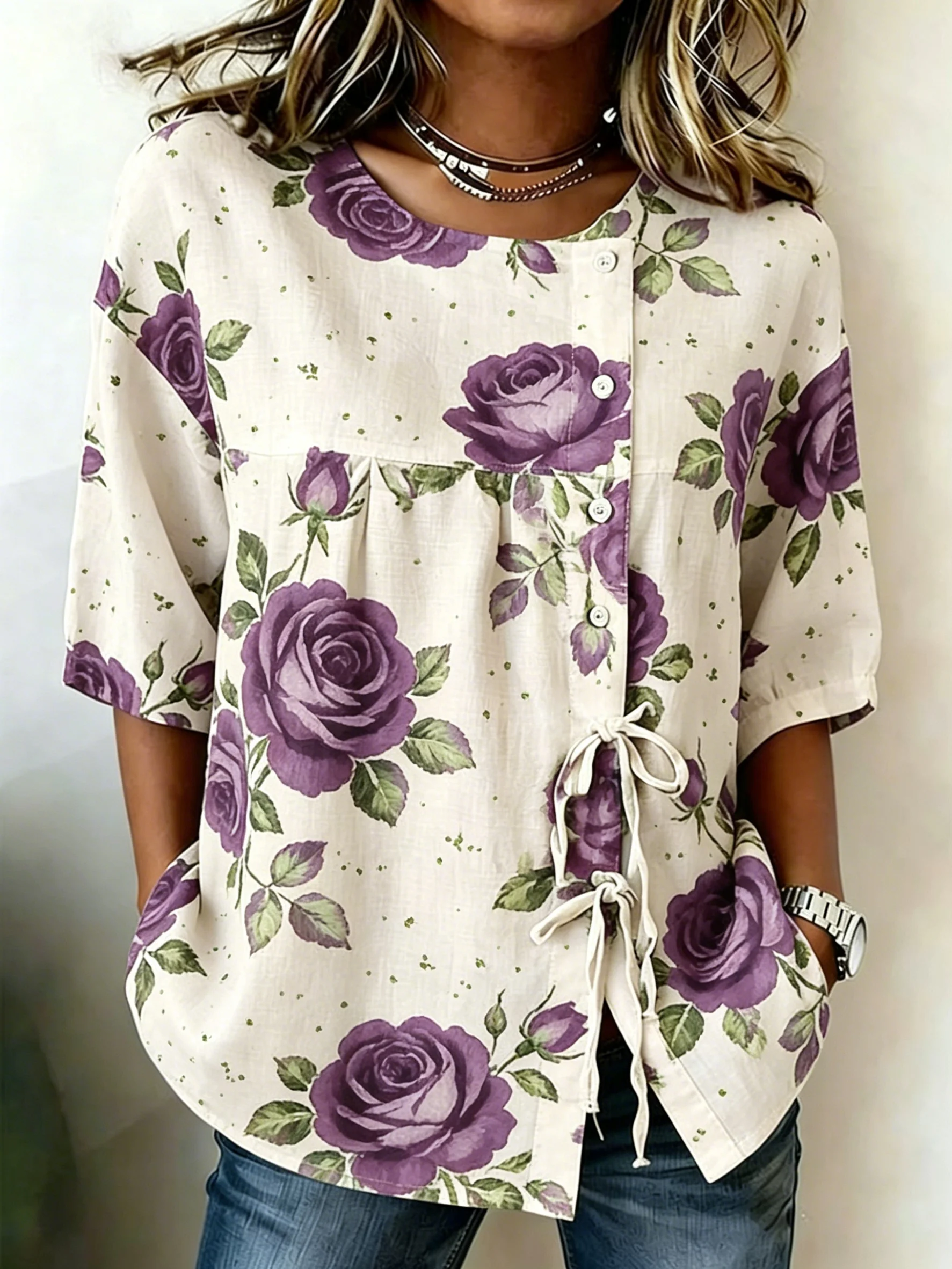Women's Spring Summer Drawstring Blouse, Vintage Purple Rose Print Casual Tops for Daily Street Holiday Dating & Leisure Outfit
Women's Spring Summer Drawstring Blouse, Vintage Purple Rose Print Casual Tops for Daily Street Holiday Dating & Leisure Outfit