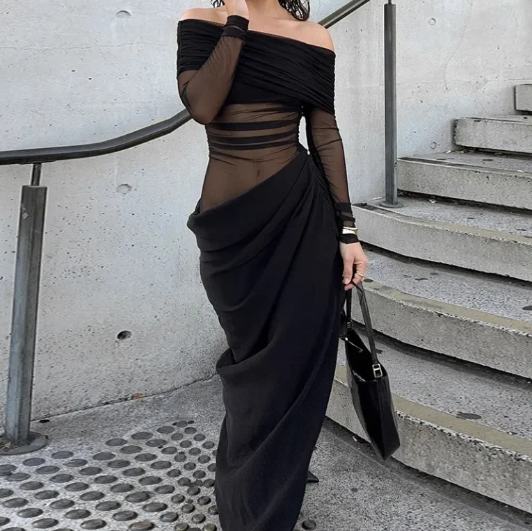 Elegant Party Women's Dresses Sexy One Shoulder Sexy Long Sleeved Bodycon Dress High Waist See Through Mesh Pleated Party Dress
Elegant Party Women's Dresses Sexy One Shoulder Sexy Long Sleeved Bodycon Dress High Waist See Through Mesh Pleated Party Dress