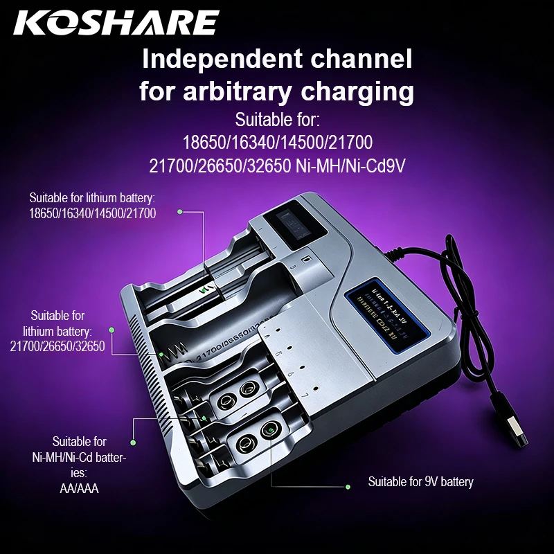 KOSHARE LED Smart Battery Charger For AA AAA Ni-MH Ni-Cd 9V Batteries 18650/16340/14500/21700 /26650/32650 Lithium Battery
KOSHARE LED Smart Battery Charger For AA AAA Ni-MH Ni-Cd 9V Batteries 18650/16340/14500/21700 /26650/32650 Lithium Battery
