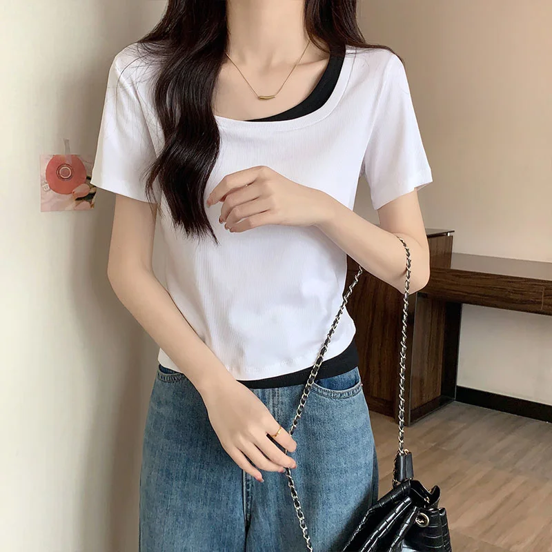 Korean Skinny Patchwork Short T-shirt Women Fashionable Short-sleeve Slim Fake Two-piece Tops Cotton Square Neck Tshirt Summer
Korean Skinny Patchwork Short T-shirt Women Fashionable Short-sleeve Slim Fake Two-piece Tops Cotton Square Neck Tshirt Summer