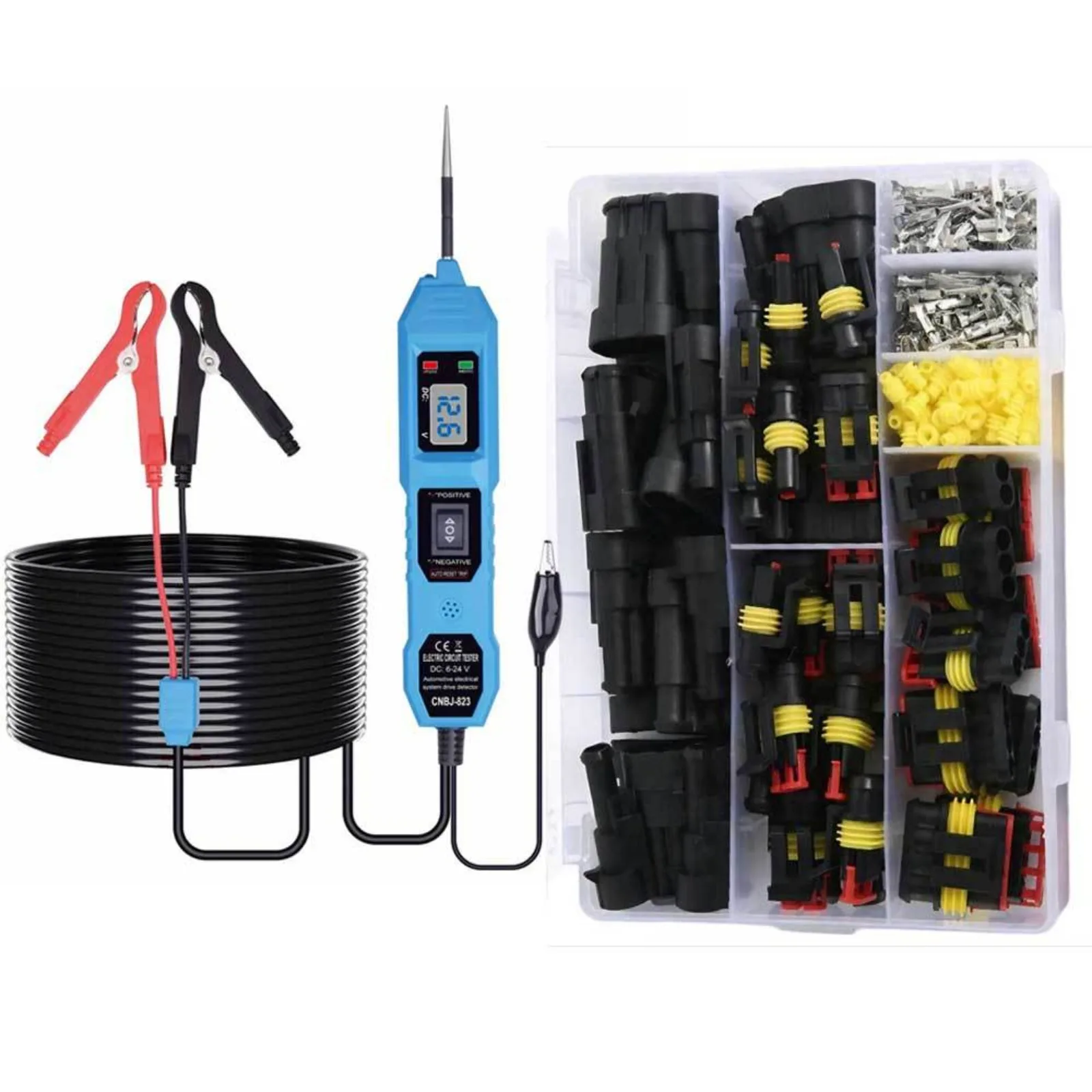 Digital Auto Circuit Tester (12V/24V, LCD). Paired with 352pcs Waterproof Car Connector Kit (HID Plugs), Ideal for Electrical Diagnostics & Lighting Upgrades.
Digital Auto Circuit Tester (12V/24V, LCD). Paired with 352pcs Waterproof Car Connector Kit (HID Plugs), Ideal for Electrical Diagnostics & Lighting Upgrades.
