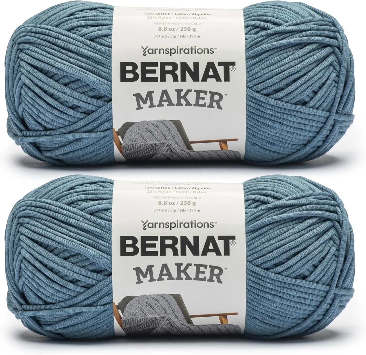 Bernat Maker Steel Blue Yarn - 2 Pack of 250g/8.8oz - 72% Cotton 28% Nylon - #5 Bulky - 290m/317Yards - for Knitting, Crochet
Bernat Maker Steel Blue Yarn - 2 Pack of 250g/8.8oz - 72% Cotton 28% Nylon - #5 Bulky - 290m/317Yards - for Knitting, Crochet
