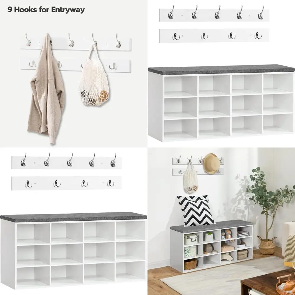 White 39.4 Entryway Shoe Storage Bench with Cushion and 12 Cubbies, Coat Rack, Holds 330 lb
White 39.4 Entryway Shoe Storage Bench with Cushion and 12 Cubbies, Coat Rack, Holds 330 lb