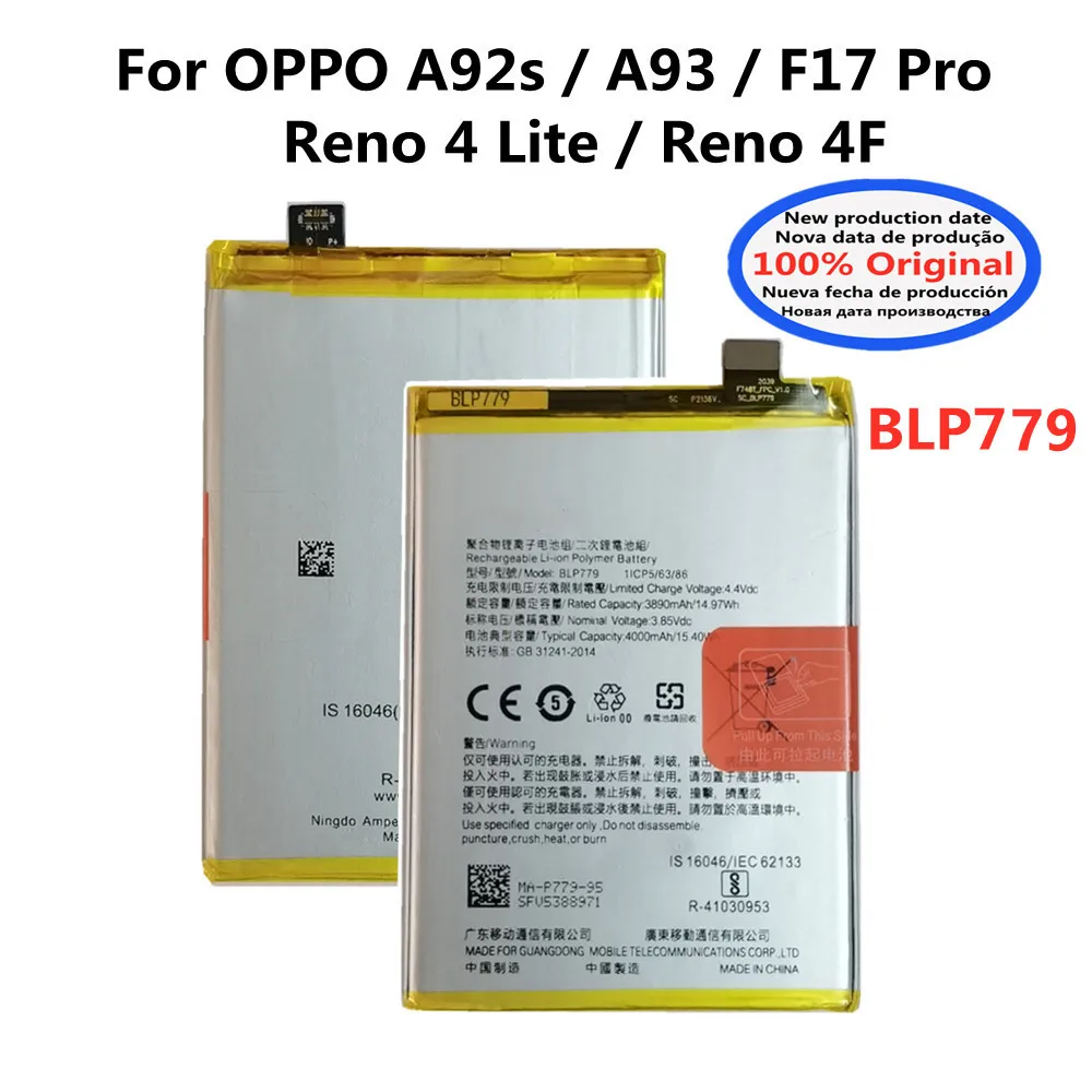100% Оригинальный 4000mAh BLP779 Новый аккумулятор для OPPO A92s / A93 / Reno4 Lite / Reno 4F / F17 Pro мобильный телефон Bateria
100% Оригинальный 4000mAh BLP779 Новый аккумулятор для OPPO A92s / A93 / Reno4 Lite / Reno 4F / F17 Pro мобильный телефон Bateria