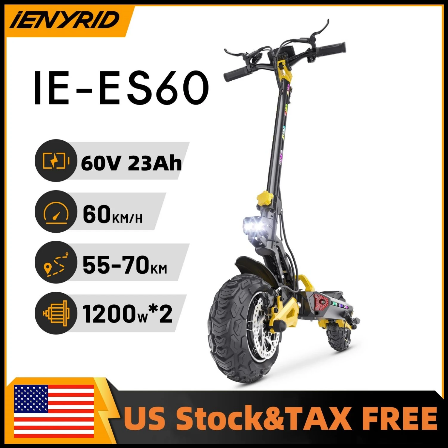 Электрический скутер IENYRID ES60, 2*1200 Вт, двойной двигатель, аккумулятор 60 В, 23 Ач, 11-дюймовая шина, максимальная скорость 60 км/ч, диапазон 70 км, гидравлический тормоз
Электрический скутер IENYRID ES60, 2*1200 Вт, двойной двигатель, аккумулятор 60 В, 23 Ач, 11-дюймовая шина, максимальная скорость 60 км/ч, диапазон 70 км, гидравлический тормоз