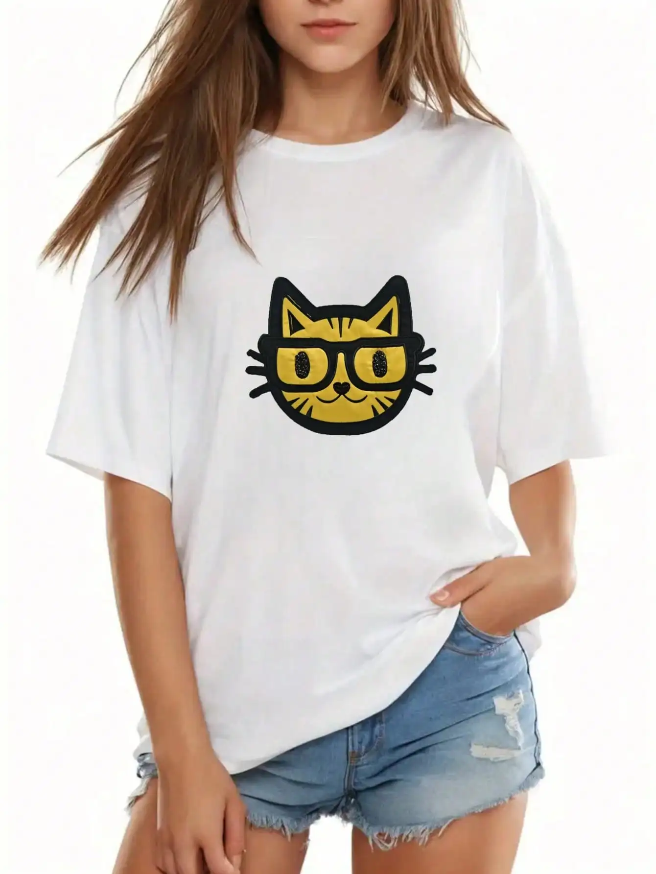 1PC Ladies cute cartoon cat embroidered T-shirt with glasses casual round drop cuff top
1PC Ladies cute cartoon cat embroidered T-shirt with glasses casual round drop cuff top
