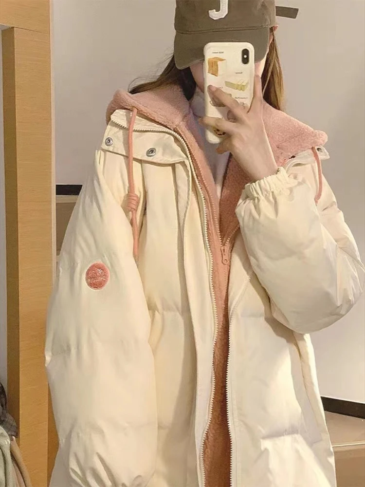 Lamb Hair Splicing Fake Two-piece Thick Hooded Down Cotton Jacket Women 2023 New Japanese Couple Thickened Solid Jacket Coat
Lamb Hair Splicing Fake Two-piece Thick Hooded Down Cotton Jacket Women 2023 New Japanese Couple Thickened Solid Jacket Coat