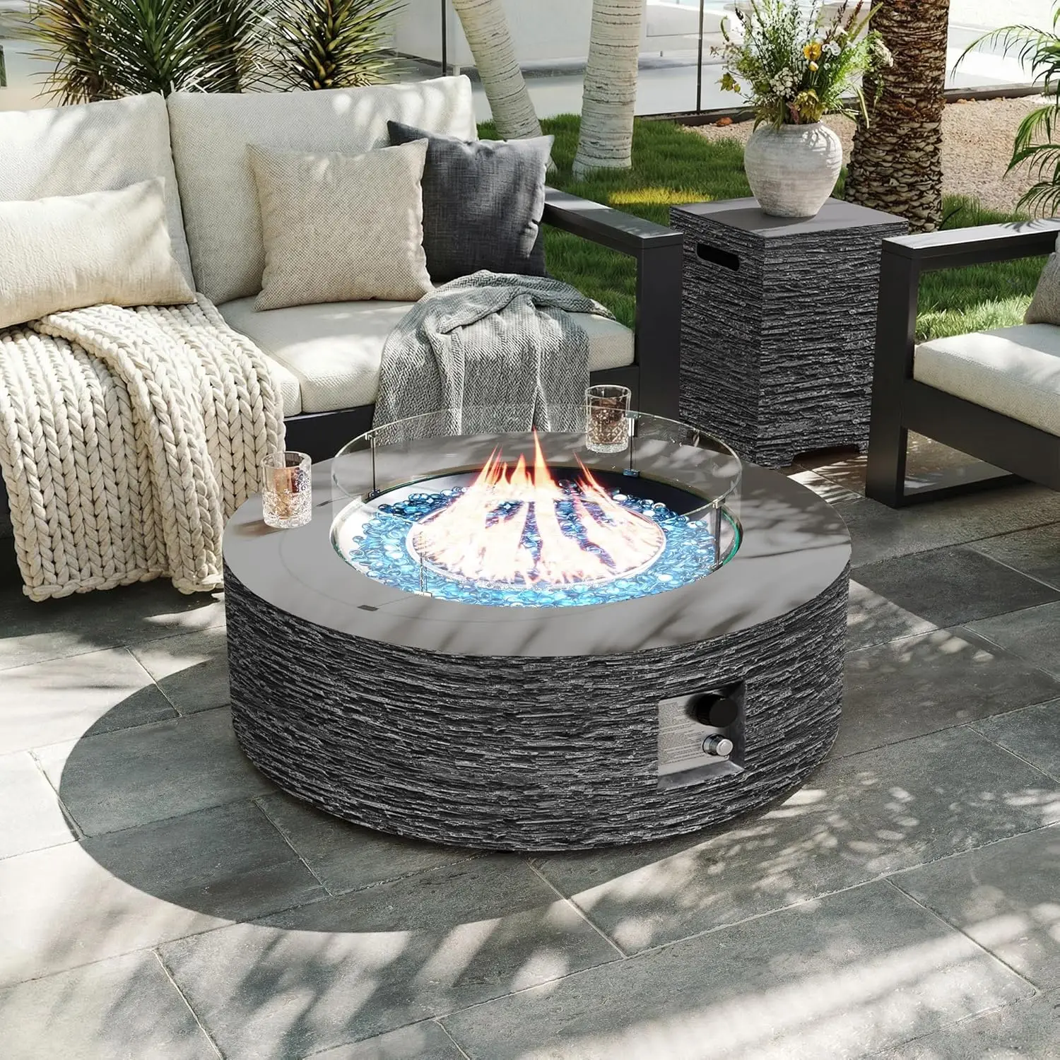 42in Round Propane Fire Pit Table 50000 BTU Concrete Patio Heater with Tank Cover Wind Guard Glass Rocks Rain Cover, Customized
42in Round Propane Fire Pit Table 50000 BTU Concrete Patio Heater with Tank Cover Wind Guard Glass Rocks Rain Cover, Customized