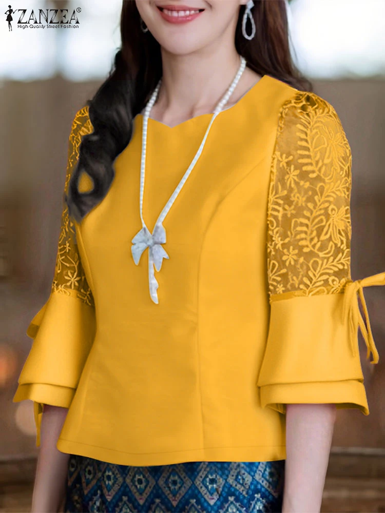ZANZEA Elegant Women Blouses 2025 Summer Lace Patchwork Tops Fashion 3/4 Sleeve Offce Satin Shirt Solid Slim Fit Party Blusas
ZANZEA Elegant Women Blouses 2025 Summer Lace Patchwork Tops Fashion 3/4 Sleeve Offce Satin Shirt Solid Slim Fit Party Blusas