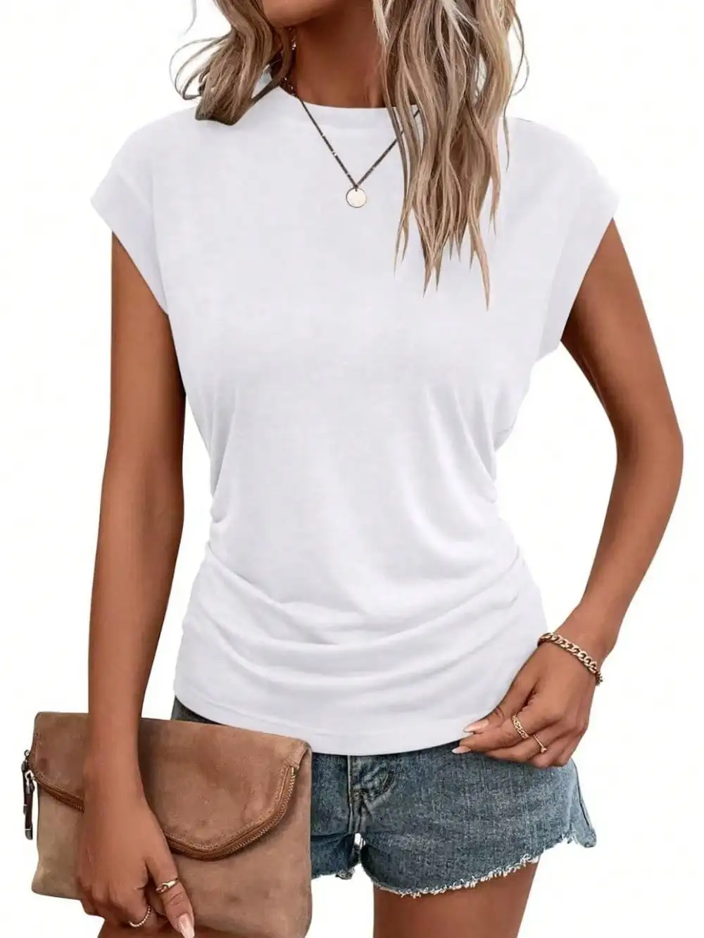 Женская белая футболка с короткими рукавами и круглым вырезом, с драпировкой, повседневный летний топ
Женская белая футболка с короткими рукавами и круглым вырезом, с драпировкой, повседневный летний топ