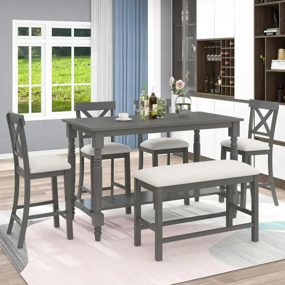 6 Piece Kitchen Table Set with Bench Solid Wood , Counter Height Table with Storage and Upholstered Seating, Gray
6 Piece Kitchen Table Set with Bench Solid Wood , Counter Height Table with Storage and Upholstered Seating, Gray