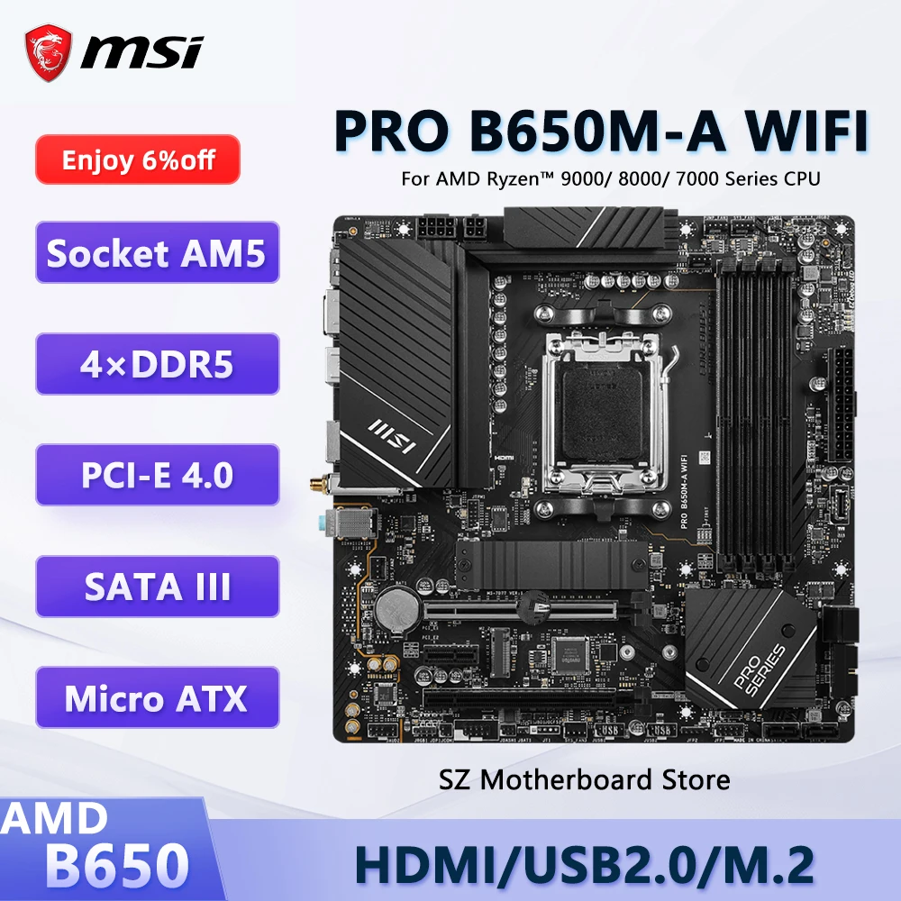MSI PRO B650M-A WIFI AMD B650 AM5 Motherboard DDR5 For Ryzen 7/9/5 7800X3D 7950X3D 7600X 7700X M.2 Micro ATX Gaming Mainboard
MSI PRO B650M-A WIFI AMD B650 AM5 Motherboard DDR5 For Ryzen 7/9/5 7800X3D 7950X3D 7600X 7700X M.2 Micro ATX Gaming Mainboard