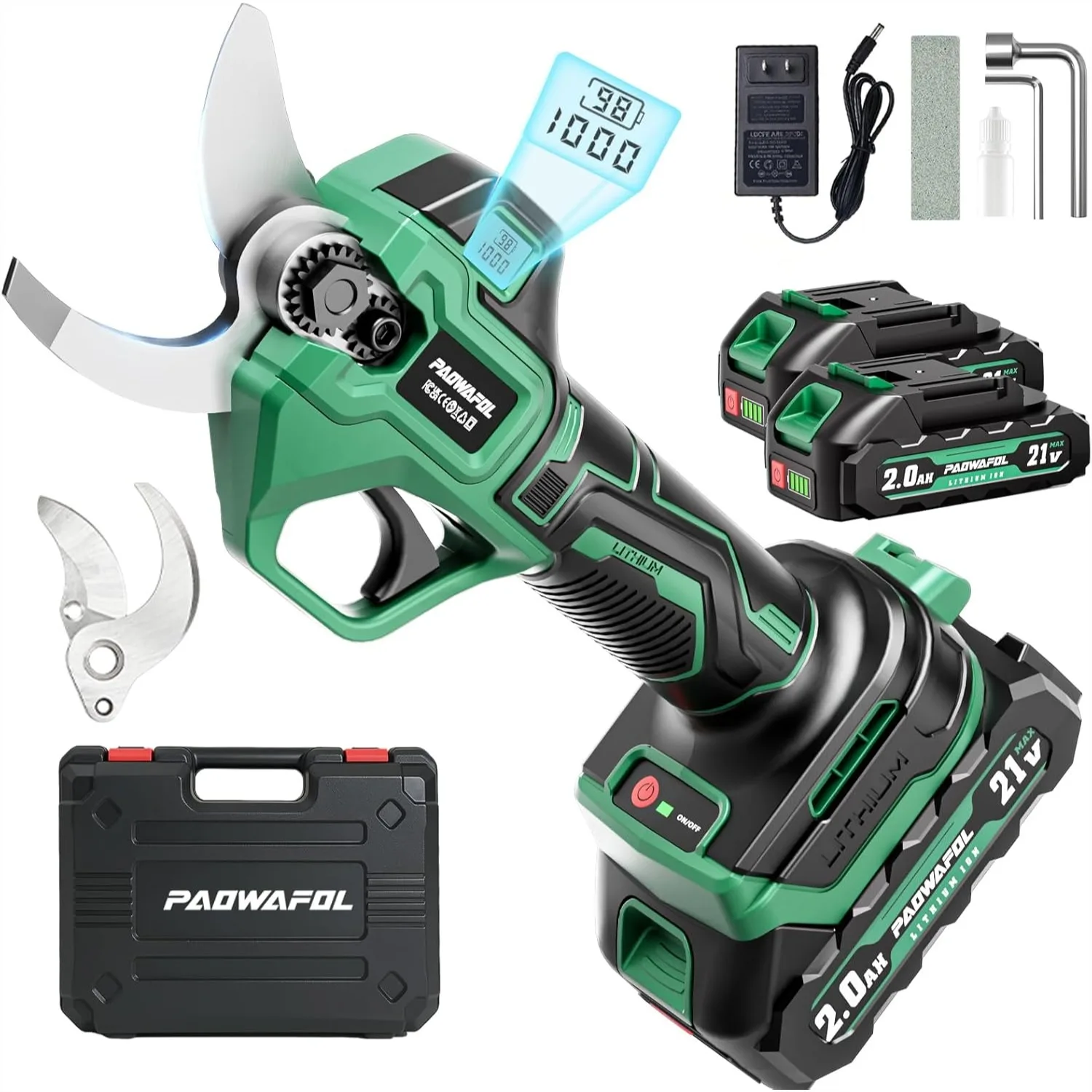 2.5" Electric Pruning Shears, Cordless Scissors with Brushless Motor, Dual 2.0Ah Battery, SK7 Blade & LCD Display for Heavy-Duty
2.5" Electric Pruning Shears, Cordless Scissors with Brushless Motor, Dual 2.0Ah Battery, SK7 Blade & LCD Display for Heavy-Duty