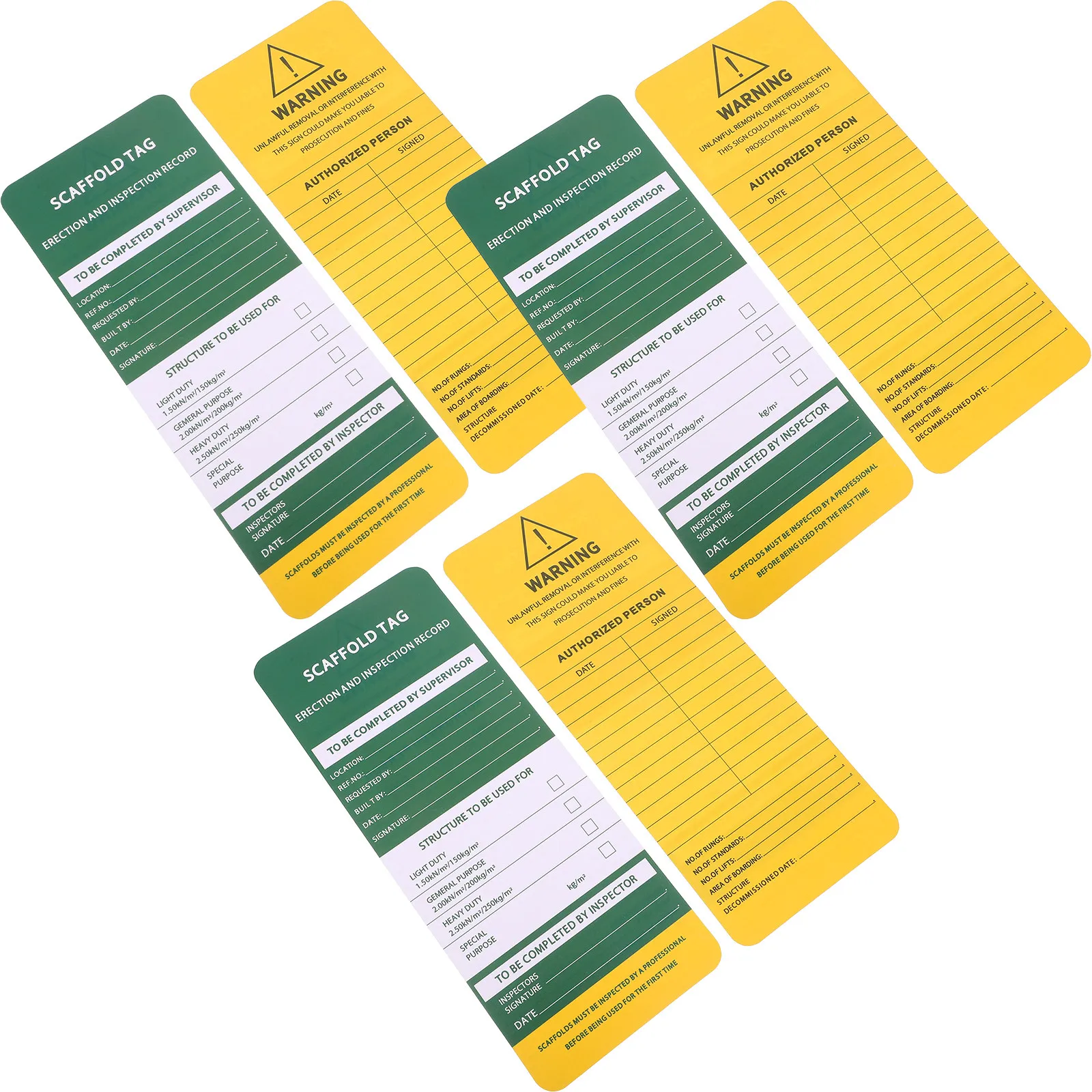 6Pcs Scaffold Safety Inspection Tags Heavy-Duty PVC Industrial Label Tags for Scaffold Compliance and Worker Safety Tag Set
6Pcs Scaffold Safety Inspection Tags Heavy-Duty PVC Industrial Label Tags for Scaffold Compliance and Worker Safety Tag Set