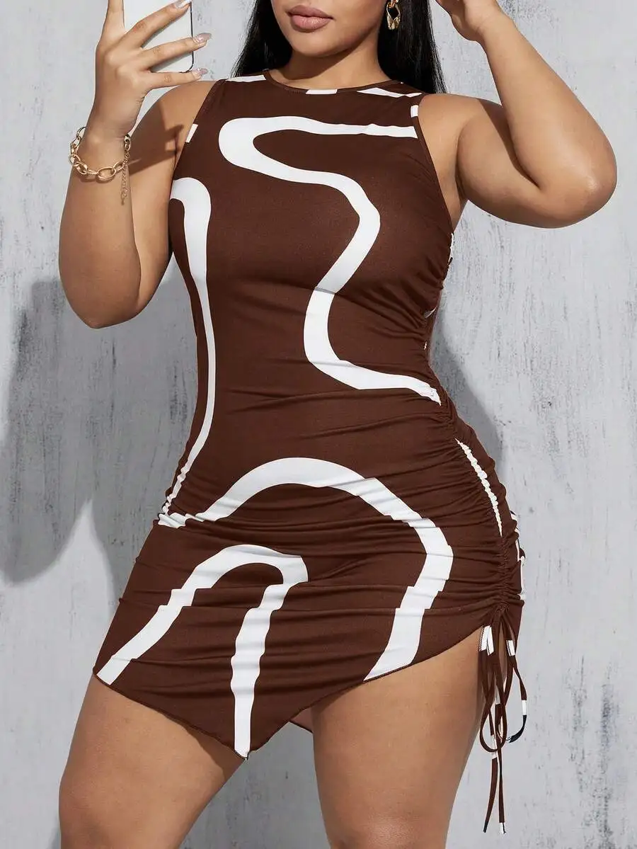 Brown White Abstract Print Bodycon Dress With Drawstring Waist Curve Slimming Summer Dress
Brown White Abstract Print Bodycon Dress With Drawstring Waist Curve Slimming Summer Dress