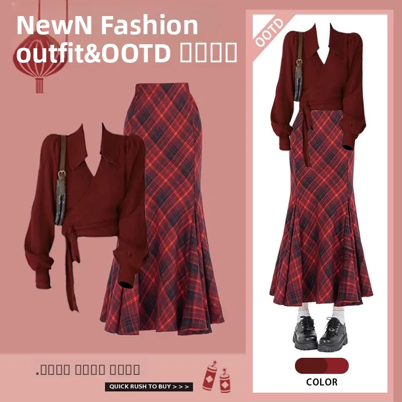 Spring New Arrival Women's Retro Faion Trendy Wine Red Top with Plaid Skirt Two-Piece Set High Waist Midi Skirt
Spring New Arrival Women's Retro Faion Trendy Wine Red Top with Plaid Skirt Two-Piece Set High Waist Midi Skirt