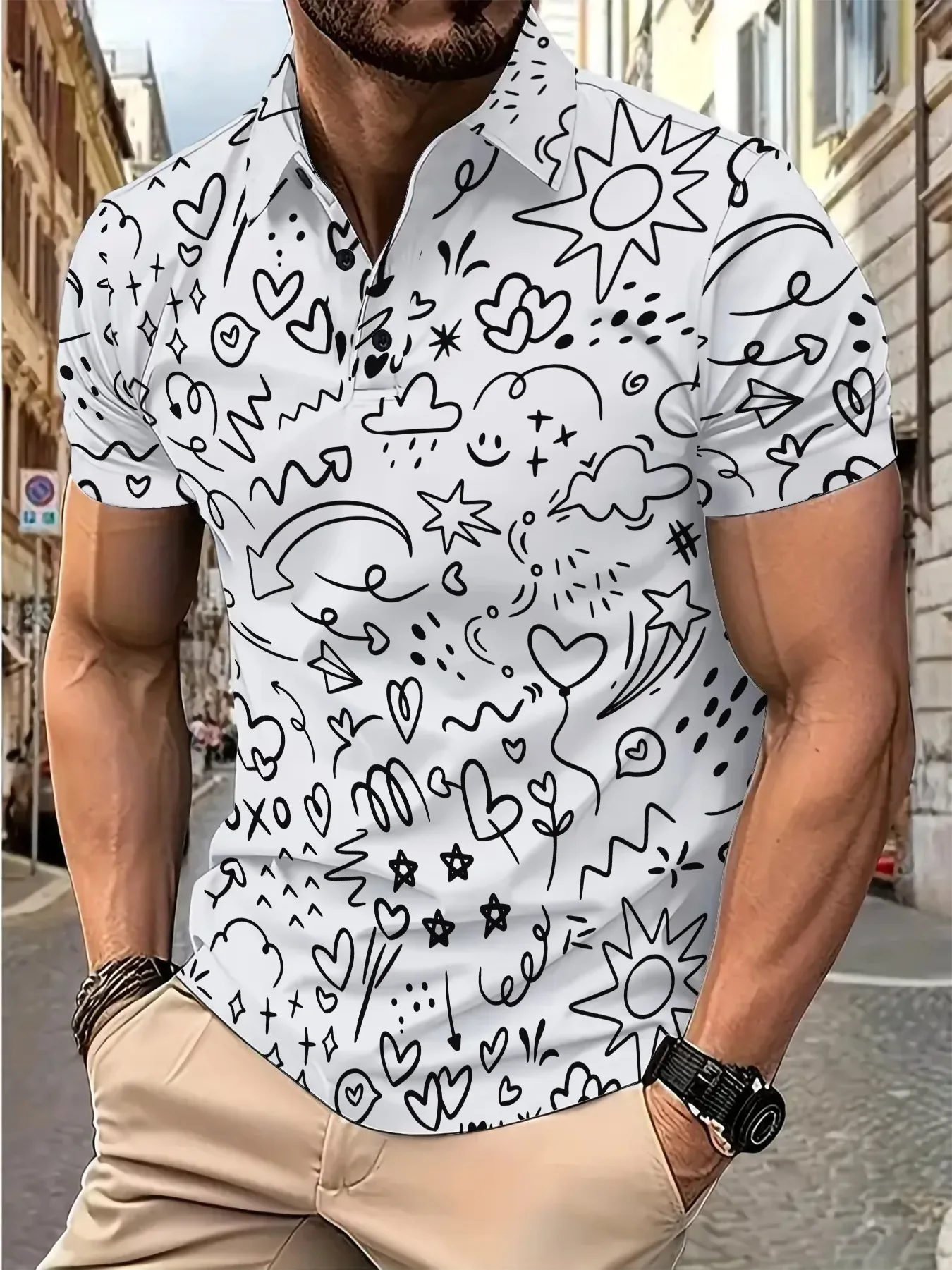 2025 Hot selling fun polo shirt short sleeve abstract element pattern printed solid color button-down collar casual shirt
2025 Hot selling fun polo shirt short sleeve abstract element pattern printed solid color button-down collar casual shirt