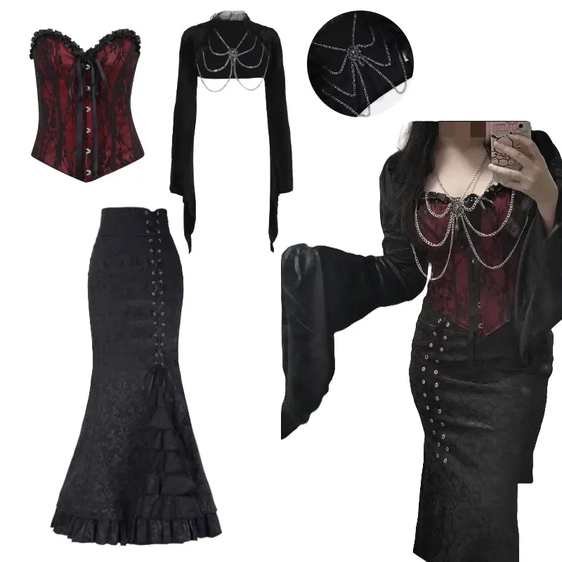 Halloween Dark Style Cosplay Gothic Punk Vintage Jacquard Mermaid Skirt Trumpet Sleeve Smock Top Set Women Carnival Party Outfit
Halloween Dark Style Cosplay Gothic Punk Vintage Jacquard Mermaid Skirt Trumpet Sleeve Smock Top Set Women Carnival Party Outfit