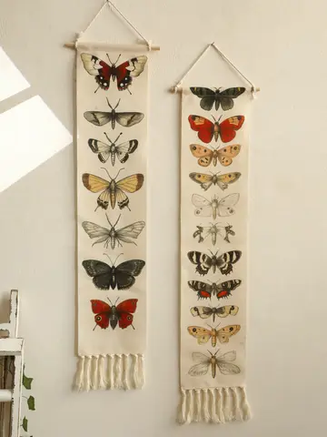 1szt Vintage Boho Butterfly Moth Wall Art Tapestry, bawełniany baner z frędzlami - rustykalny wystrój domu do salonu sypialni