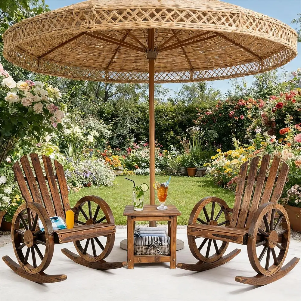3-Piece Outdoor Wooden Rocking Chair Set with Coffee Table, Rustic Wagon Wheel Design for Patio, Garden, or Yard
3-Piece Outdoor Wooden Rocking Chair Set with Coffee Table, Rustic Wagon Wheel Design for Patio, Garden, or Yard
