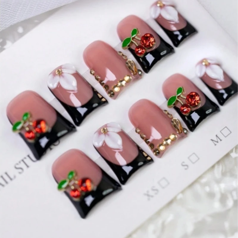 10pcs Y2K Short Duckbill Press on Nails Black French Handmade Fake Nails with Shiny Cherry Flower Decoration Elegant False Nails
10pcs Y2K Short Duckbill Press on Nails Black French Handmade Fake Nails with Shiny Cherry Flower Decoration Elegant False Nails