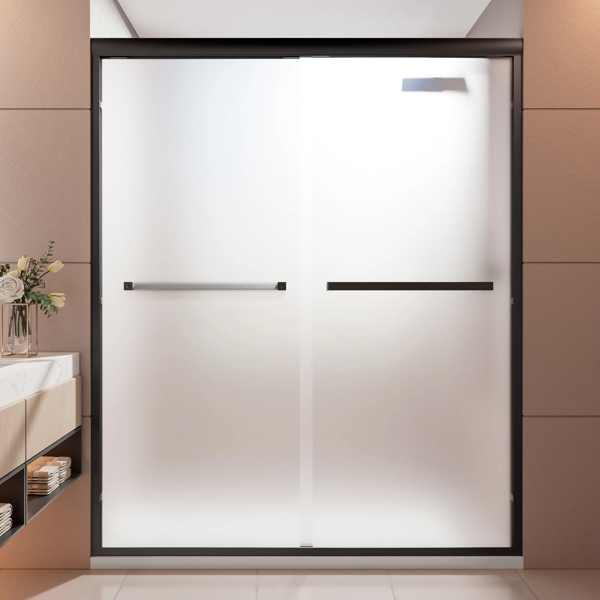 56-60" W x 72" H Matte Black Aluminum Frame Double Sliding Shower Door, 1/4"(6mm) Frosted SGCC Tempered Glass With Explosion-proof Film & Nano Easy-Clean Coating
56-60" W x 72" H Matte Black Aluminum Frame Double Sliding Shower Door, 1/4"(6mm) Frosted SGCC Tempered Glass With Explosion-proof Film & Nano Easy-Clean Coating