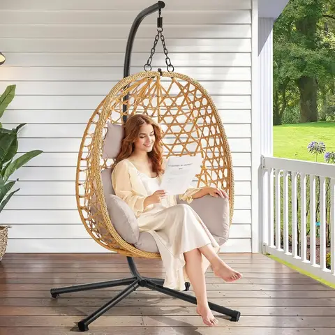 Chair with Stand, Wicker Rattan Swing Hammock Chair with Fine Lace & Cushion, Hanging Chair with Double Chains, 350LBS Capac