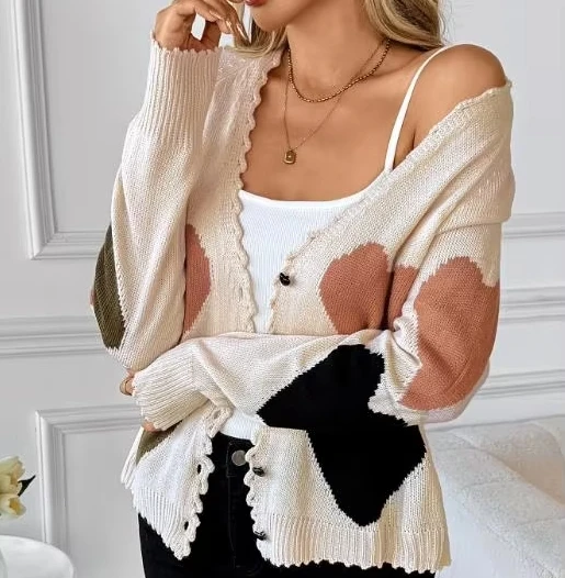 Ladies' Sweet and Cute Heart Print Cardigan, V - Neck Button Front Long - Sleeve Knitted Top, Perfect for Spring & Autumn
Ladies' Sweet and Cute Heart Print Cardigan, V - Neck Button Front Long - Sleeve Knitted Top, Perfect for Spring & Autumn