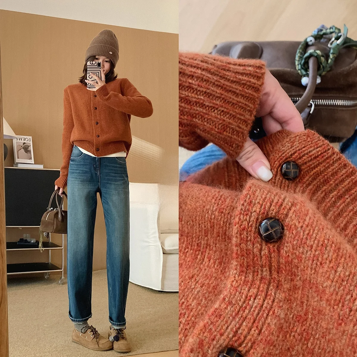 Thiened Knitted Cardigan Women's round Ne Sweater Alpaca Wool Rabbit Fur Large Ding Yarn Wood ain Button Warmth
Thiened Knitted Cardigan Women's round Ne Sweater Alpaca Wool Rabbit Fur Large Ding Yarn Wood ain Button Warmth