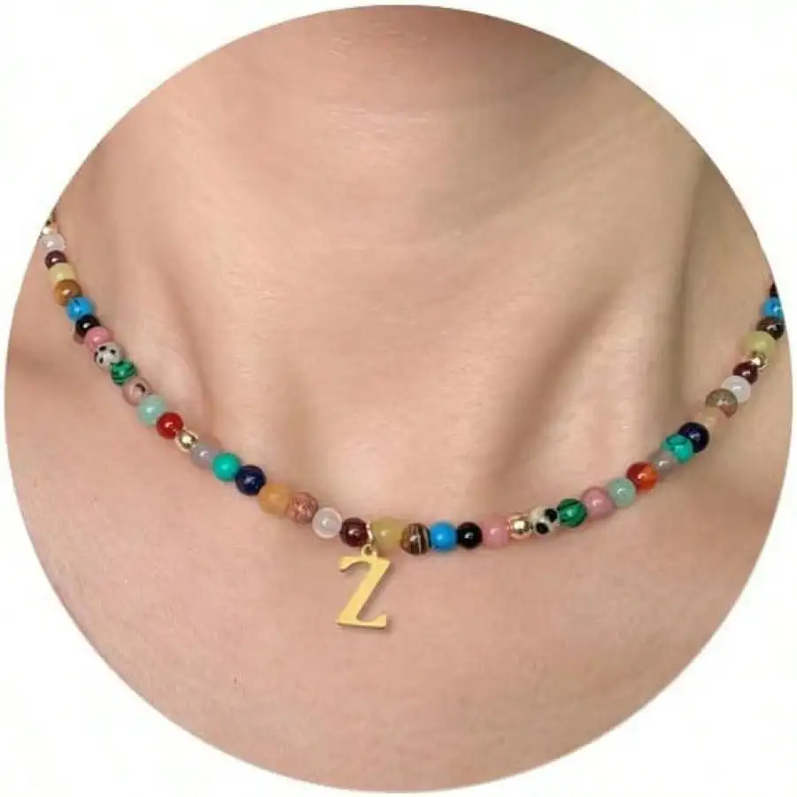 Colorful Beaded Choker Necklace with Gold-Tone Initial Pendant, Handmade Boho Style Summer Jewelry
Colorful Beaded Choker Necklace with Gold-Tone Initial Pendant, Handmade Boho Style Summer Jewelry