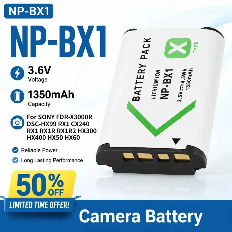 NP-BX1 Camera Battery 3.6V 1350mAh for SONY FDR-X3000R DSC-HX99 RX1 CX240 RX1 RX1R RX1R2 HX300 HX400 HX50 HX60 HX90 HDR-CX24
NP-BX1 Camera Battery 3.6V 1350mAh for SONY FDR-X3000R DSC-HX99 RX1 CX240 RX1 RX1R RX1R2 HX300 HX400 HX50 HX60 HX90 HDR-CX24