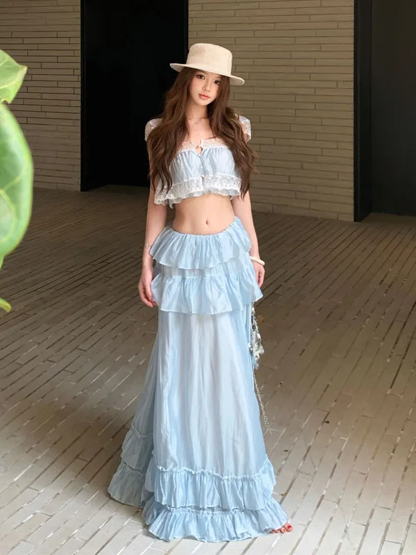 Blue Lace Trim Top And Skirt Set Holiday Style Chiffon Maxi Skirt Photography Outfit Short Sleeve Square Collar Slim Fit Summ...
Blue Lace Trim Top And Skirt Set Holiday Style Chiffon Maxi Skirt Photography Outfit Short Sleeve Square Collar Slim Fit Summ...
