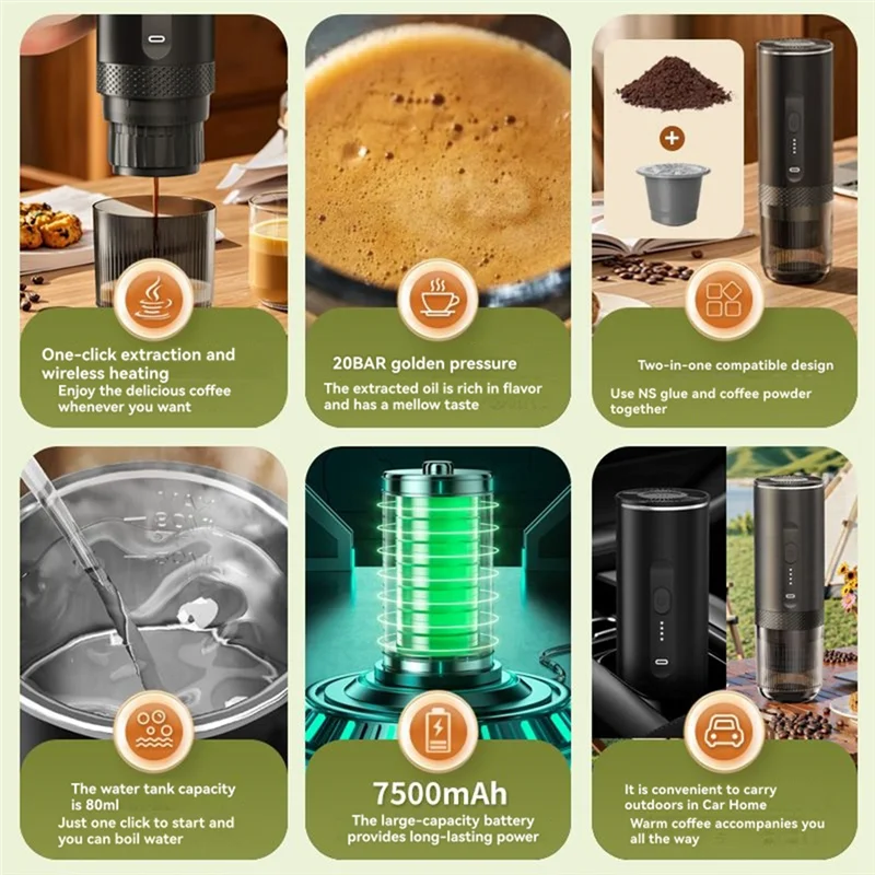 BABZ-портативная электрическая кофемашина для эспрессо, беспроводная электрическая кофеварка для кемпинга, офиса, пешего туризма, автофургона
BABZ-портативная электрическая кофемашина для эспрессо, беспроводная электрическая кофеварка для кемпинга, офиса, пешего туризма, автофургона