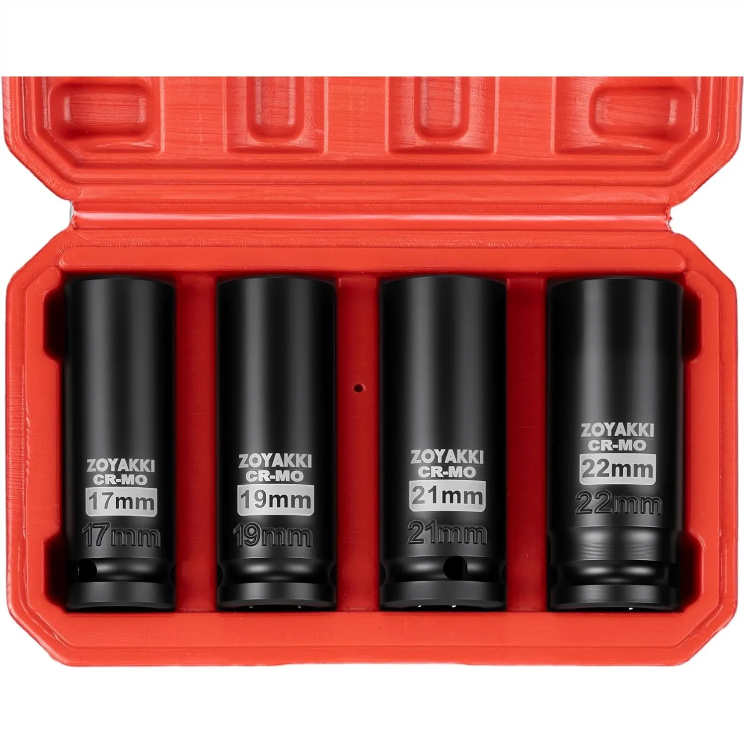4-Piece 1/2 Inch Drive Impact Socket Set, CR-MO Steel 6-Point Deep Socket Metric 17-19-21-22mm with Storage Box for Auto Repair
4-Piece 1/2 Inch Drive Impact Socket Set, CR-MO Steel 6-Point Deep Socket Metric 17-19-21-22mm with Storage Box for Auto Repair
