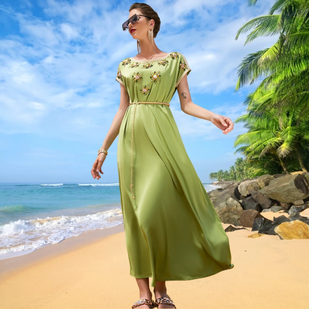 Vintage Women Satin Long Dress Handwork Diamond Floral Luxury Loose Abaya Evening Dresses Short Sleeve O-Neck Femme Summer Robe
Vintage Women Satin Long Dress Handwork Diamond Floral Luxury Loose Abaya Evening Dresses Short Sleeve O-Neck Femme Summer Robe