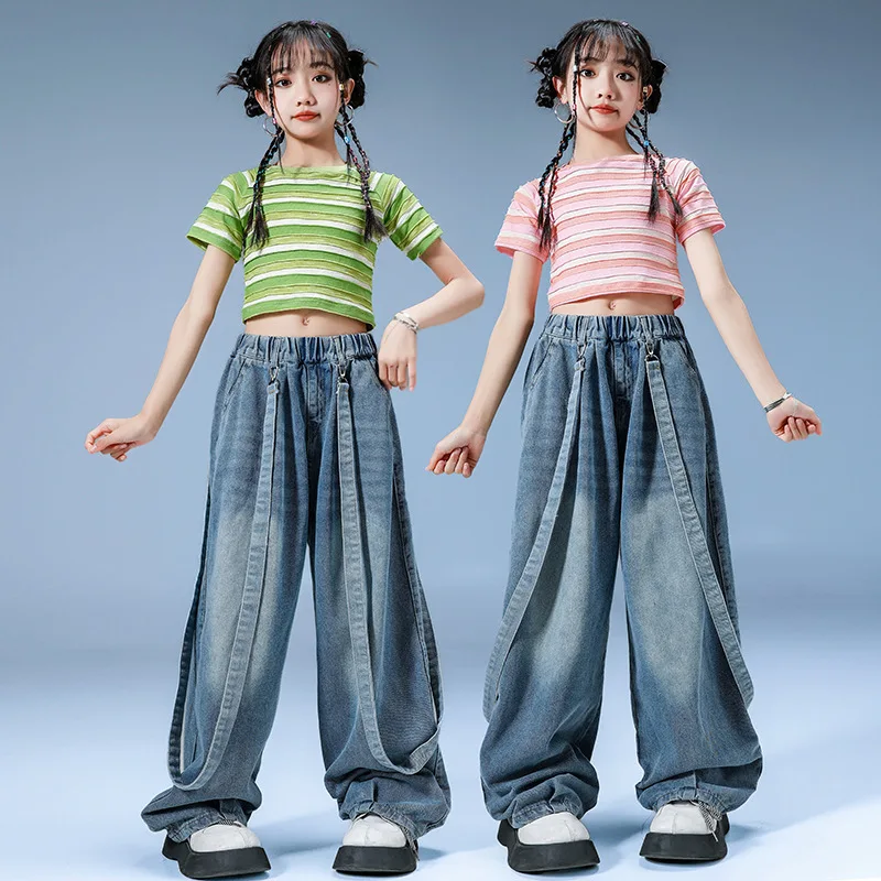 New Jazz Modern Dance Costumes for Girls Summer Striped Crop Tops Denim Pants Suit Streetwear Children Hip Hop Dance Stage Wear
New Jazz Modern Dance Costumes for Girls Summer Striped Crop Tops Denim Pants Suit Streetwear Children Hip Hop Dance Stage Wear