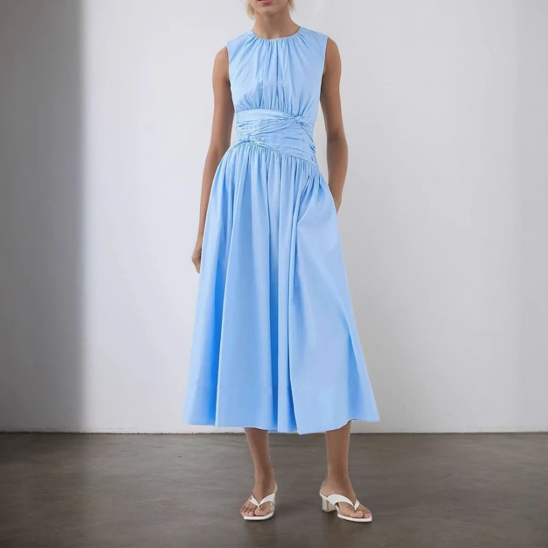 Temperament Elegant Fresh Blues Crew Neck Pleated Pockets Versatile Wide Pendulum Women's Dress
Temperament Elegant Fresh Blues Crew Neck Pleated Pockets Versatile Wide Pendulum Women's Dress