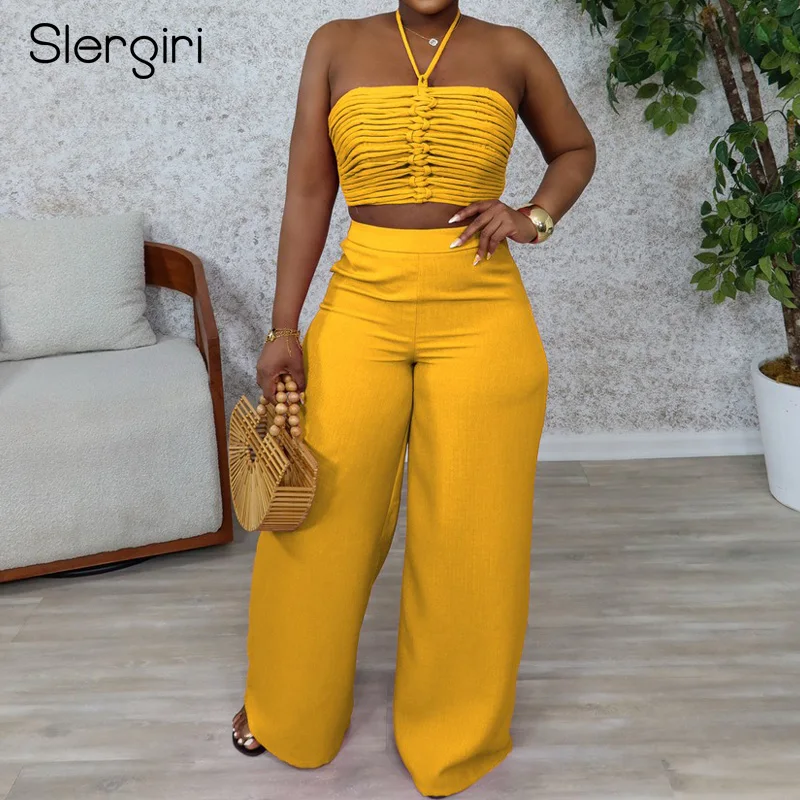 Slergiri Women's Pants Set Sexy Crop Halter Top with High Waist Side Zipper Wide Leg Trousers Party Vacation 2 Pieces Outfits
Slergiri Women's Pants Set Sexy Crop Halter Top with High Waist Side Zipper Wide Leg Trousers Party Vacation 2 Pieces Outfits