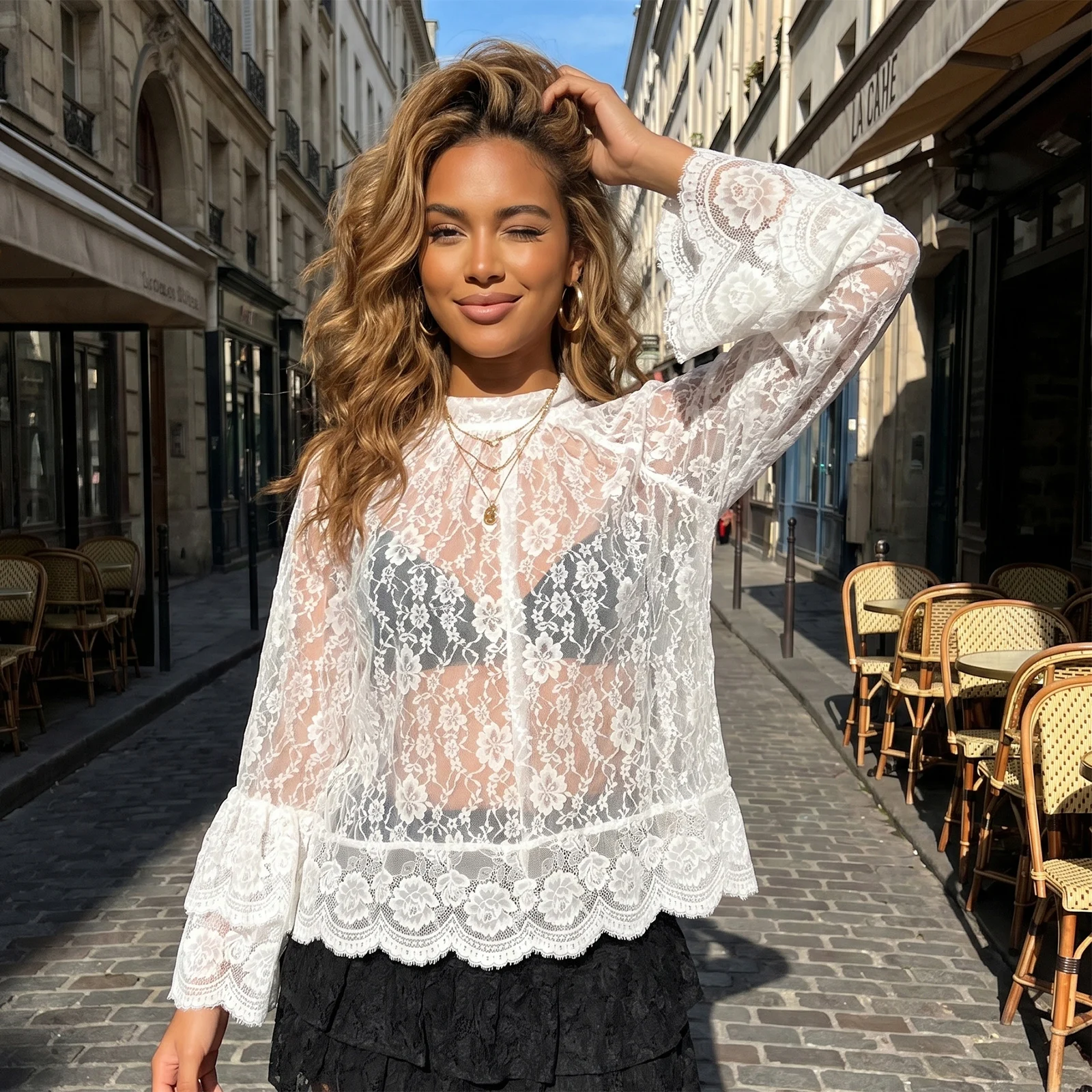 Womens Sheer Flare Long Sleeve Mock Neck Cover-Ups Lace Floral Tops Fashion Loose Fit Scalloped Hem Tops
Womens Sheer Flare Long Sleeve Mock Neck Cover-Ups Lace Floral Tops Fashion Loose Fit Scalloped Hem Tops