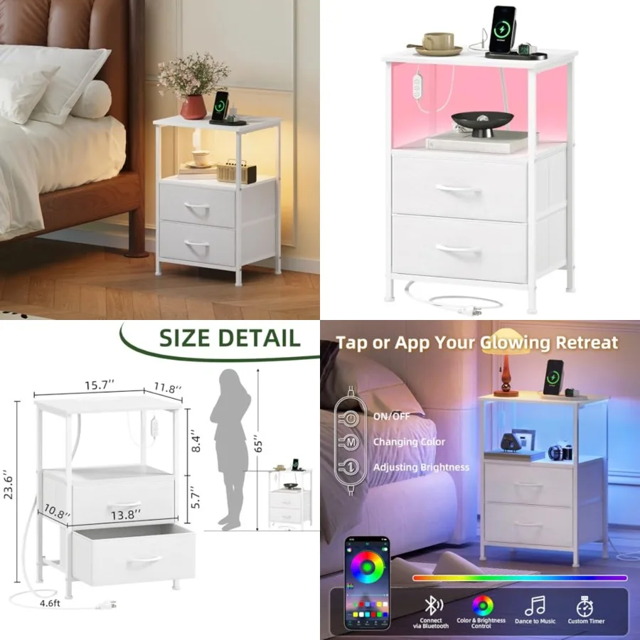 Somdot White Nightstand with Charging Station and LED Light for Bedroom, Drawers Dresser with Fabric Bins for Bedside Dorm Room
Somdot White Nightstand with Charging Station and LED Light for Bedroom, Drawers Dresser with Fabric Bins for Bedside Dorm Room