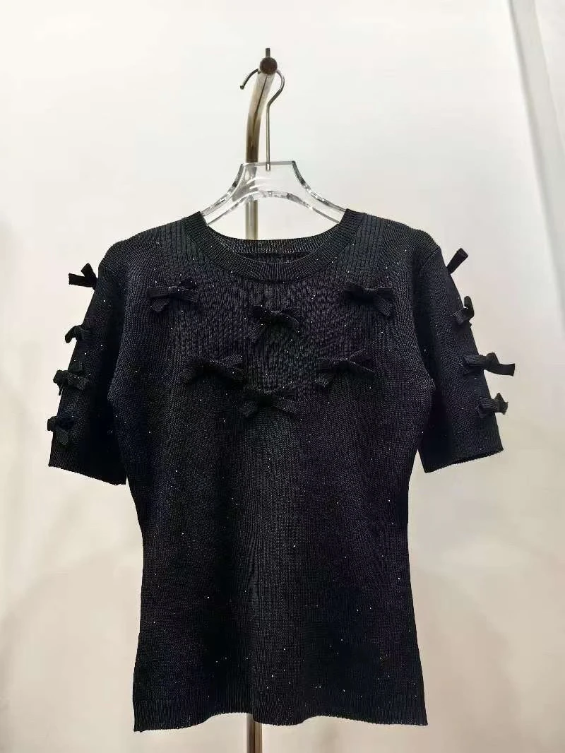 VIBE Fashion Brand Spring Summer Black Bow Knot Short Sleeve Knitted T-Shirt Women round Neck Slim Fit Top Soft Breathable
VIBE Fashion Brand Spring Summer Black Bow Knot Short Sleeve Knitted T-Shirt Women round Neck Slim Fit Top Soft Breathable