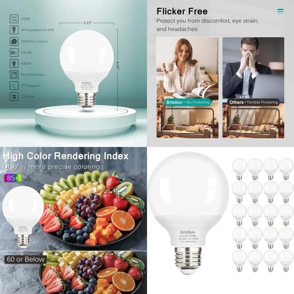 20-Pack 40W Equivalent Cool White 4000K Round LED Vanity Light Bulbs, 600LM, Non-Dimmable, E26 Base for Bathroom
20-Pack 40W Equivalent Cool White 4000K Round LED Vanity Light Bulbs, 600LM, Non-Dimmable, E26 Base for Bathroom