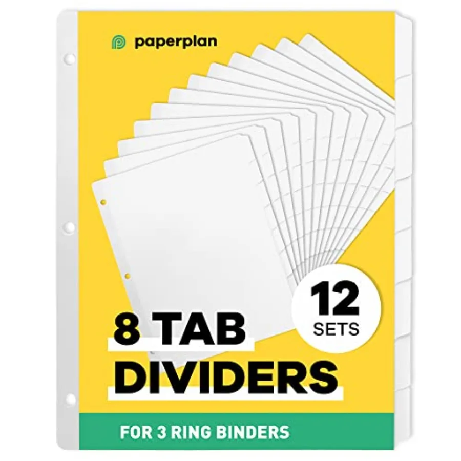 Binder Dividers with Tabs - Set of 12 x 8-Tab Dividers for 3 Ring Binders, White, Reinforced Edge - Ideal for Keeping Your Docu
Binder Dividers with Tabs - Set of 12 x 8-Tab Dividers for 3 Ring Binders, White, Reinforced Edge - Ideal for Keeping Your Docu