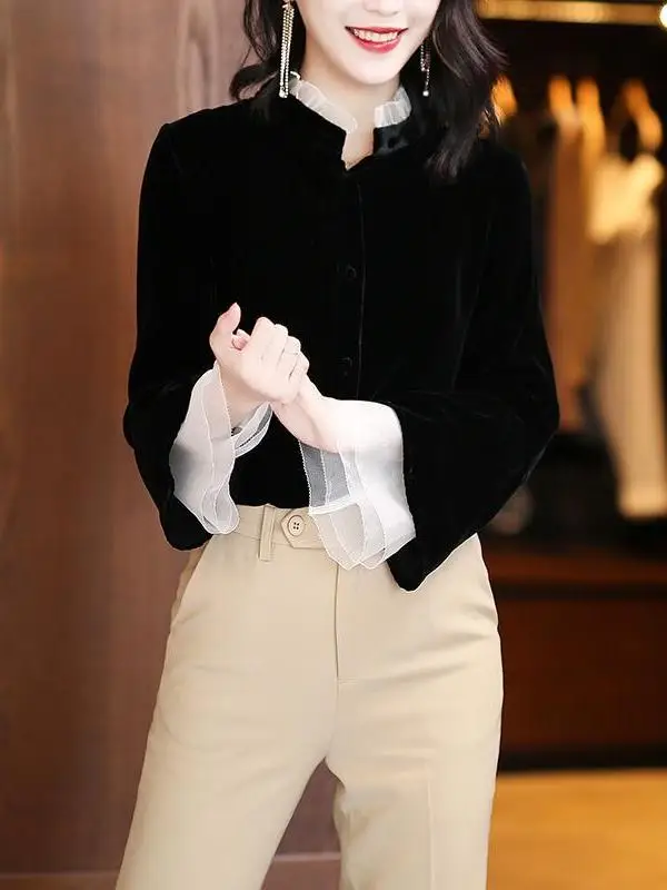 Женский шелковый бархатный irt, ранняя осень, высококачественный ощущение Bell Sve Top Label, свободный крой, длинный воротник-стойка
Женский шелковый бархатный irt, ранняя осень, высококачественный ощущение Bell Sve Top Label, свободный крой, длинный воротник-стойка