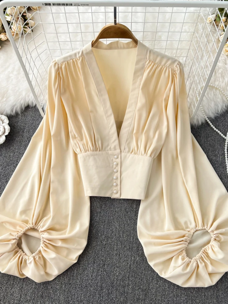 Sexy V-neck Collar Shirt Women Lantern Long Sleeved French Blouse Spring Summer High Waisted Pullover Short Top X903
Sexy V-neck Collar Shirt Women Lantern Long Sleeved French Blouse Spring Summer High Waisted Pullover Short Top X903