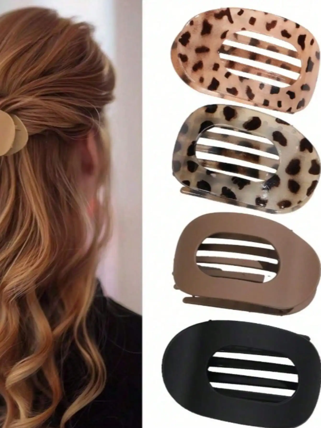 4/2pcs Flat Round Hair Clips, Solid Color + Leopard Print Combo, Women Daily Hairstyle Claws, Non-Slip Duckbill One-Piece Clips, Curved Arc Design, Plastic Hair Accessories, Retro Minimalist Niche Hair Clips Summer
4/2pcs Flat Round Hair Clips, Solid Color + Leopard Print Combo, Women Daily Hairstyle Claws, Non-Slip Duckbill One-Piece Clips, Curved Arc Design, Plastic Hair Accessories, Retro Minimalist Niche Hair Clips Summer