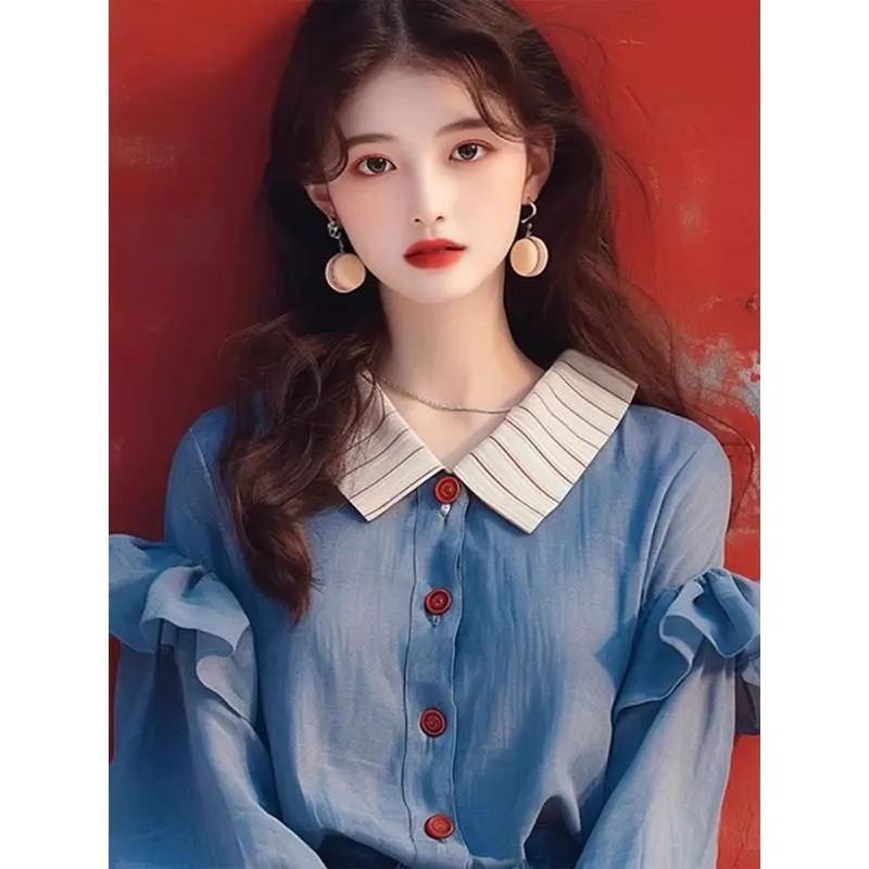 Blue Ruffled Long Sleeved Shirt for Women Spring New Korean Chic Temperament Turndown Collar Blouse Women Camisas De Mujer
Blue Ruffled Long Sleeved Shirt for Women Spring New Korean Chic Temperament Turndown Collar Blouse Women Camisas De Mujer