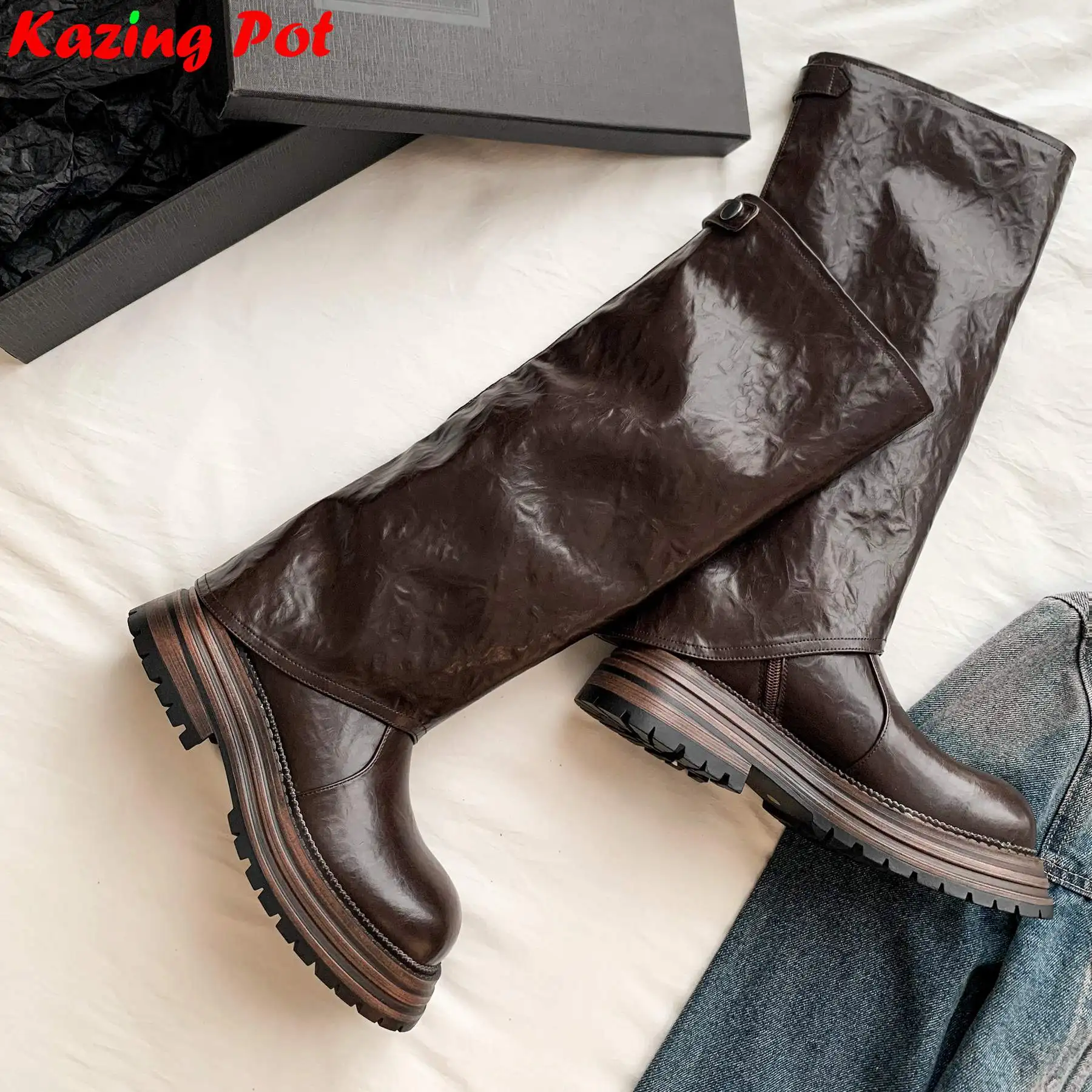 Krazing Pot Two Ways To Wear Cow Leather Med Heels Print Long Boots Vintage Winter Shoes Luxury Platform Women Thigh High Boots
Krazing Pot Two Ways To Wear Cow Leather Med Heels Print Long Boots Vintage Winter Shoes Luxury Platform Women Thigh High Boots